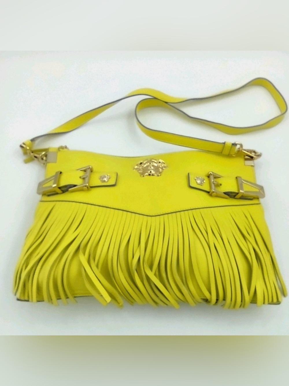 Versace Yellow Fringe Shoulder Bag with Gold Medallion